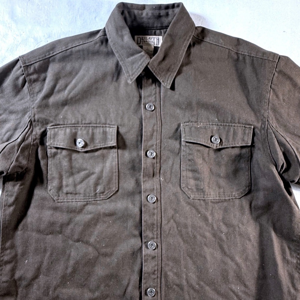 Duluth Trading Co Work Shacket Mens Large Jacket Brown Cotton Lined Snap Front